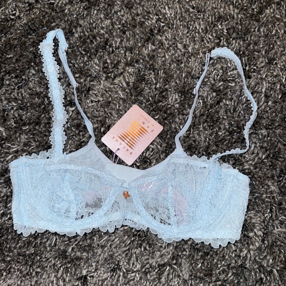 Savage X Fenty Romantic Corded Lace Unlined Balconette Bra in Cream Blue